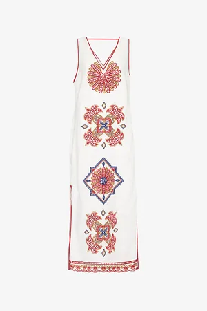 Farm Rio Womens Marys Tiles Embroidered Linen Midi Dress