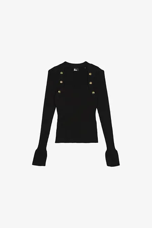 The Kooples Womens Bell-Sleeve Ribbed Stretch-Knit Top