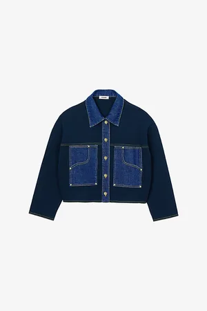 Sandro Womens Pointed-Collar Denim-Trim Cardigan