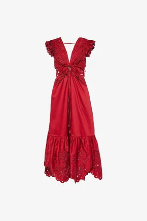 Farm Rio Womens Butterfly Embroidered Cotton-Poplin Midi Dress