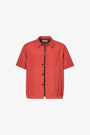 SACAI Mens Short-Sleeves Elasticated-Hem Relaxed-Fit Woven-Blend Shirt