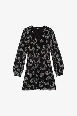 The Kooples Womens Feather-Print Long-Sleeve Woven Mini Dress