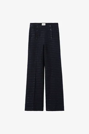 Claudie Pierlot Womens Sequin-Embellished Striped Wide-Leg Mid-Rise Cotton-Blend Trousers