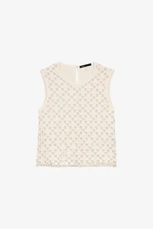 Maje Womens Bead-Embellished Crochet-Overlay Woven Top