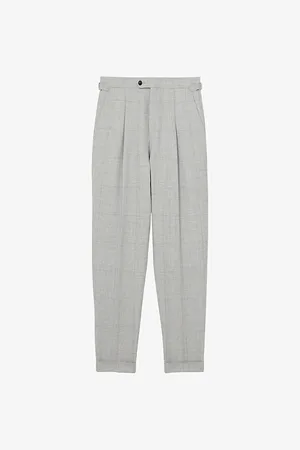 Reiss Mens Checked Waist-Adjuster Wool and Linen Trousers
