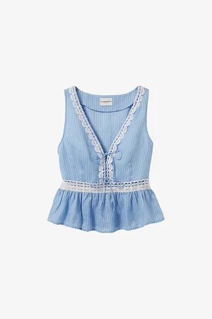 Claudie Pierlot Womens Striped Ruffle Lace-Detail Ramie Top