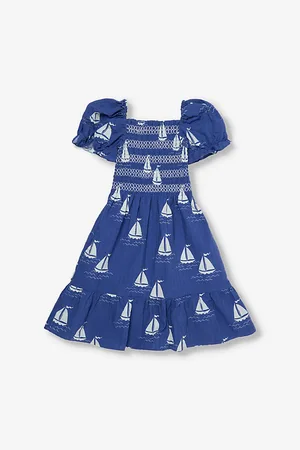 Mini Rodini Sailing Boat Aop Shirred Cotton-Poplin Dress 1-9 Years