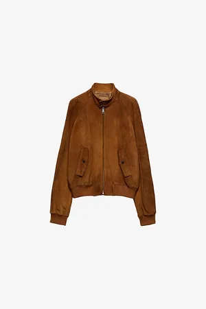 Prada Mens Triangle-Logo Vintage Suede Bomber Jacket