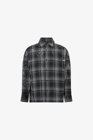 Nahmias Mens Plaid Beaded Check-Print Oversized Woven-Blend Shirt