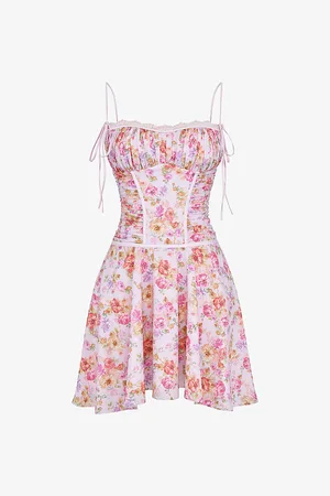 House Of Cb Womens Alejandra Floral-Print Lace-Trim Woven Mini Dress