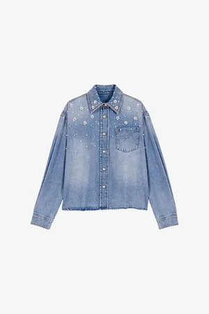 Maje Womens Flower-Embellished Denim Shirt
