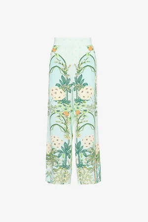 RAISHMA Womens Bluebell Floral-Pattern Wide-Leg Silk Trousers