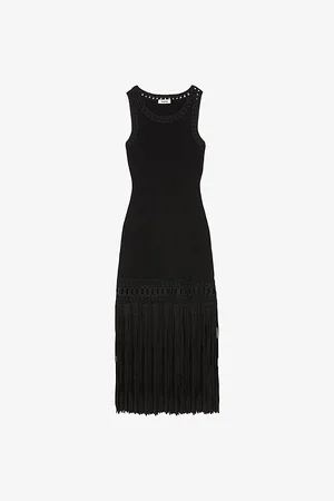 Sandro Womens Sleeveless Fringed-Hem Knitted Midi Dress