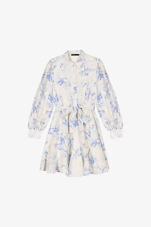 Maje Womens Floral-Print Tie-Waist Linen-Blend Mini Dress