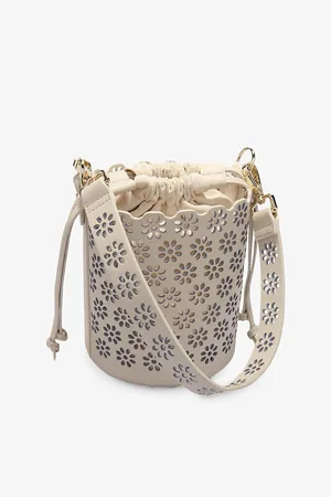 Maje Womens Floral-Motif Perforated Leather Bucket Bag
