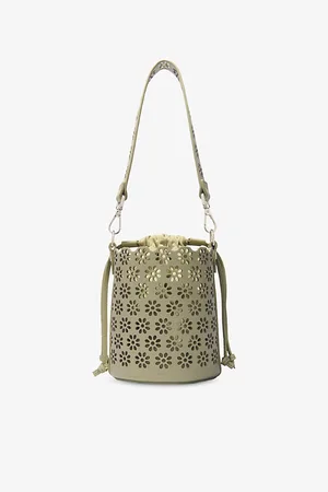 Maje Womens Floral-Motif Perforated Leather Bucket Bag