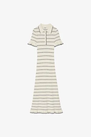 Sandro Womens Polo-Collar Short-Sleeve Striped Knitted Midi Dress