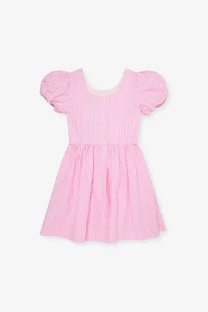 Ralph Lauren Striped Puffed-Short-Sleeves Cotton-Poplin Dress