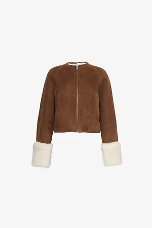 Alaïa Womens Collarless Shearling-Cuffed Suede Jacket