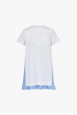 SACAI Womens Ruffle-Hem Striped-Panel Cotton Mini Dress