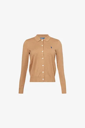 Ralph Lauren Womens Pointed-Collar Embroidered-Logo Cotton-Blend Knit Cardigan