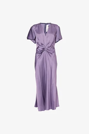 Victoria Beckham Womens Draped Pleat V-Neck Satin Midi Dress