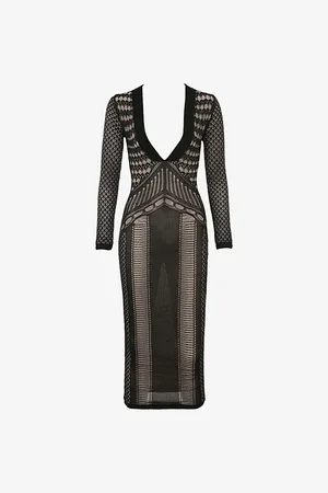 House Of Cb Womens Loula Plunge-Neck Long-Sleeve Stretch-Knit Midi Dress