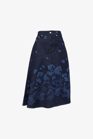 Erdem Womens Draped Floral-Print Denim Midi Skirt