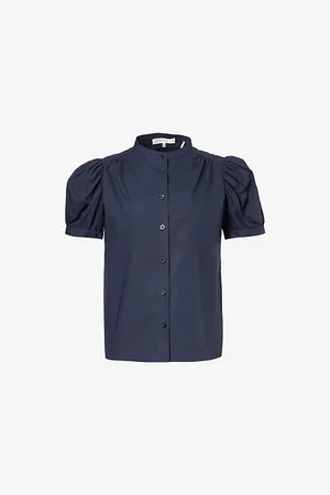 Frame Womens The Gathered Puffed-Short-Sleeves Cotton-Poplin Top