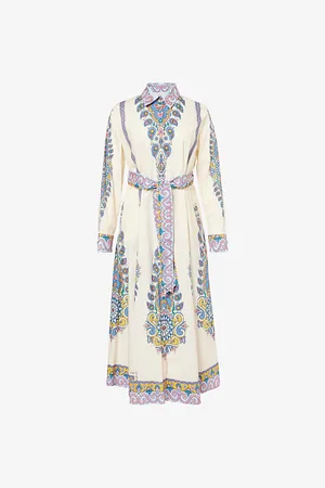 Etro Womens Floral-Pattern Long-Sleeve Cotton-Blend Shirt Midi Dress