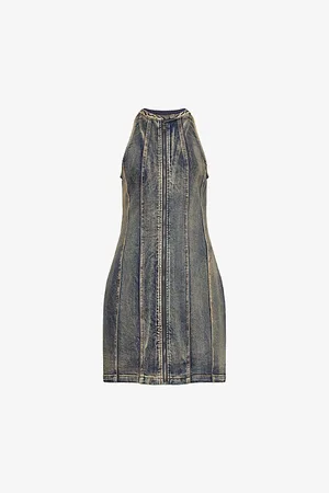 Daily paper Womens Vintage-Wash Zipped Stretch-Denim Mini Dress