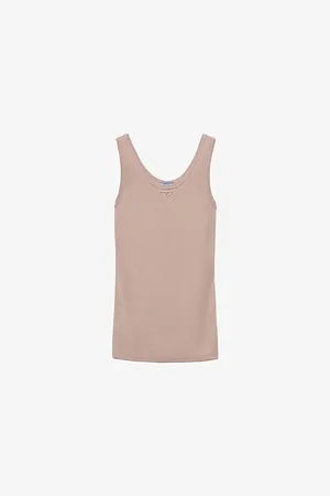 Prada Womens Ribbed Enamelled-Logo Cotton Knit Top