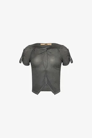 KNWLS Womens Twist Cropped Stretch-Woven Top