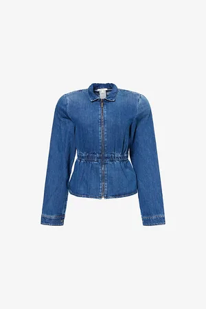 Nensi Dojaka Womens Peplum Padded-Shoulders Denim Jacket