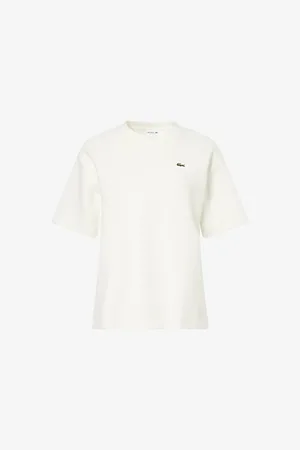 Lacoste Womens Brand-Patch Textured Stretch-Cotton Blend T-Shirt