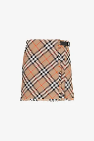 Burberry Womens Check-Print Fringed Woven Mini Skirt