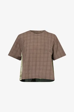 SACAI Womens Check-Pattern Contrast-Panel Wool and Silk-Blend Top