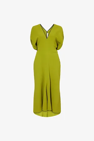 Victoria Beckham Womens V-Neck Asymmetric-Hem Stretch-Woven Midi Dress