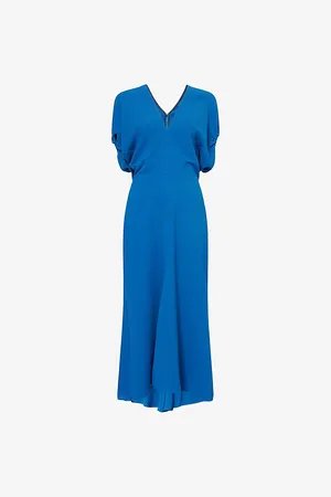 Victoria Beckham Womens V-Neck Asymmetric-Hem Stretch-Woven Midi Dress