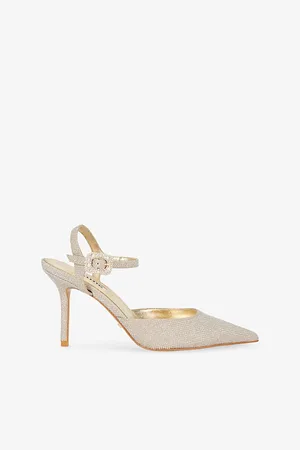 Dune Womens Channel 85 Diamante-Buckle Open-Back Heeled Woven Courts