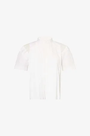 SACAI Womens Pleated Short-Sleeves Woven-Blend Shirt