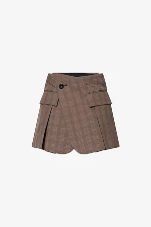 SACAI Womens Wrap-Over Suiting Check Wool Shorts