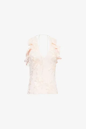 ROTATE Womens 3D Floral-Embroidered Ruffle Stretch-Woven Top