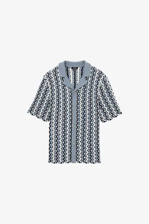 Reiss Mens Textured-Knit Camp-Collar Cotton-Blend Shirt