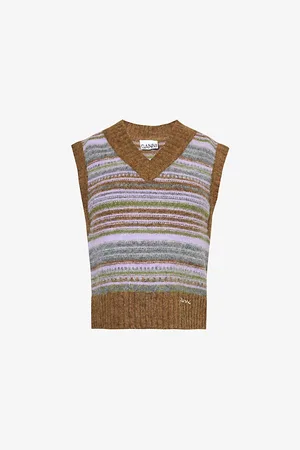 Ganni Womens Stripe-Pattern Brushed-Knit Alpaca and Merino-Wool Blend Vest
