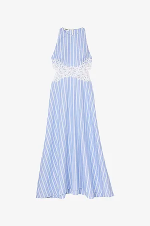 Sandro Womens Stripe-Print Cut-Out Lace Cotton and Linen-Blend Midi Dress