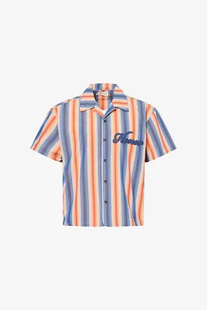 HONOR THE GIFT Mens Auto Camp-Collar Striped Cotton-Poplin Shirt
