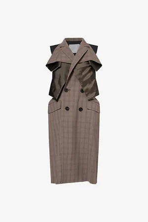 SACAI Womens Check-Pattern Double-Breasted Wool and Silk-Blend Midi Dress