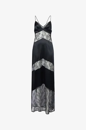 Livy Womens Dark Sully Floral Lace and Silk Maxi Slip Dress