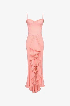 House Of Cb Womens Gabbi Ruffled-Front Slim-Fit Stretch-Mesh Maxi Dress